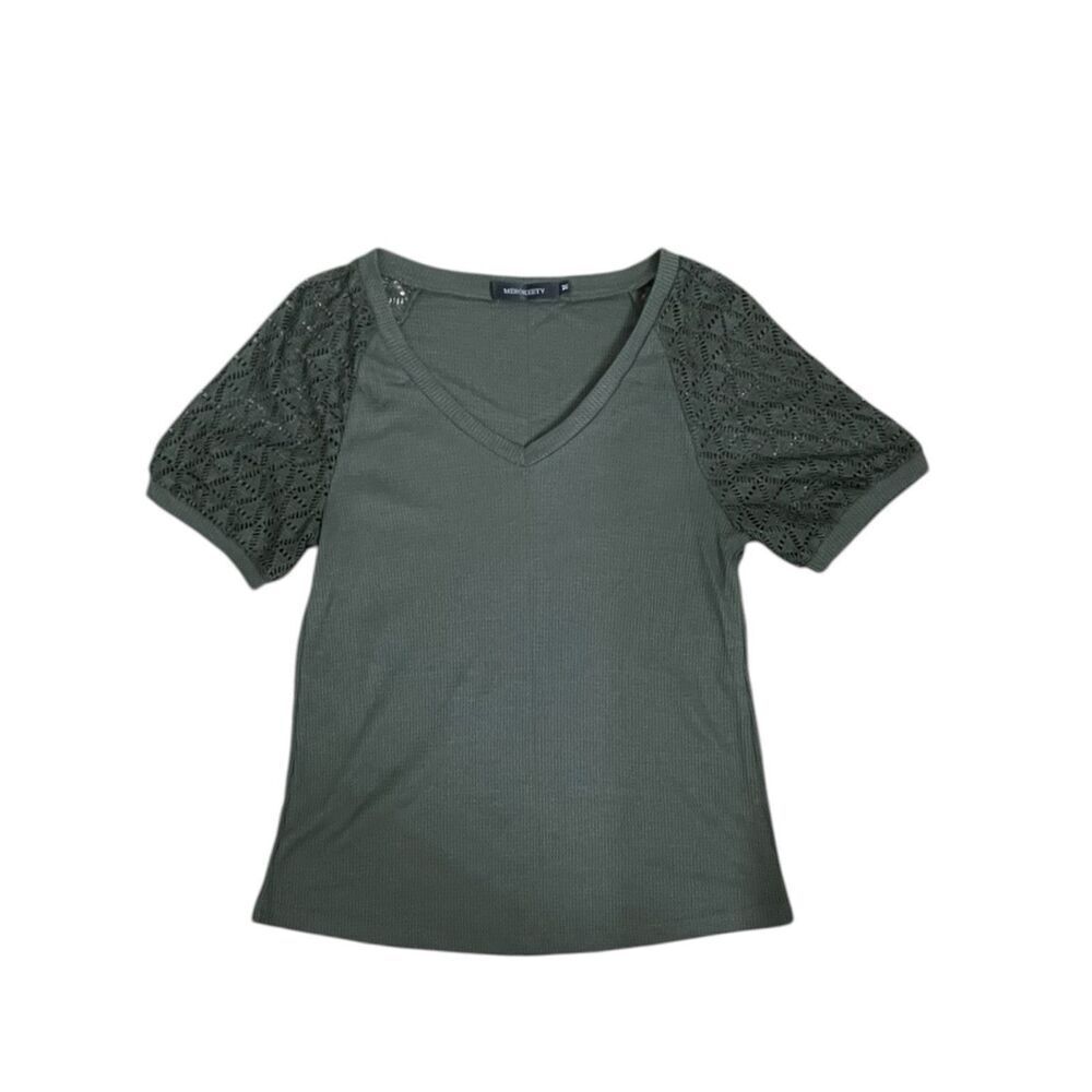 MEROKEETY Olive Ribbed Top with Lace Sleeves • Size M